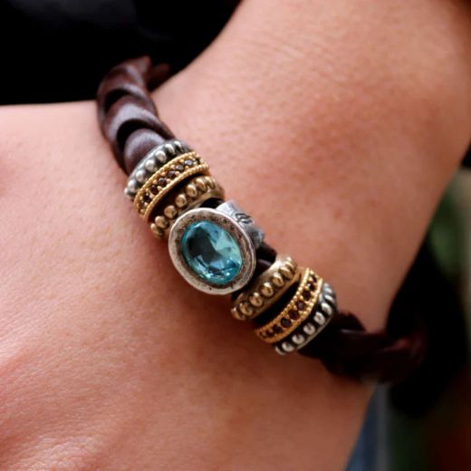 WB322A Pulsera Plata de Palo de cuero para mujer