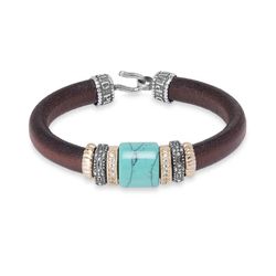 WB379X Pulsera PLATA DE PALO de cuero con resina azul color turquesa