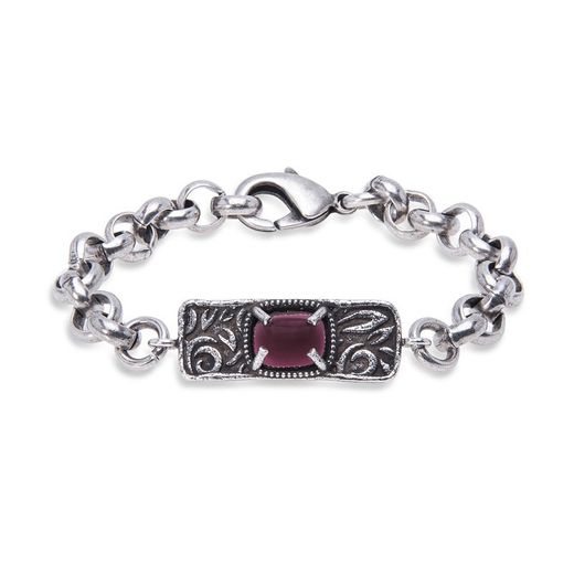 WB383X Pulsera Plata de Palo modelo Delia para mujer, chapa adornada con un cabujón de granate natural, añadiendo un toque de color y sofisticación a tu look