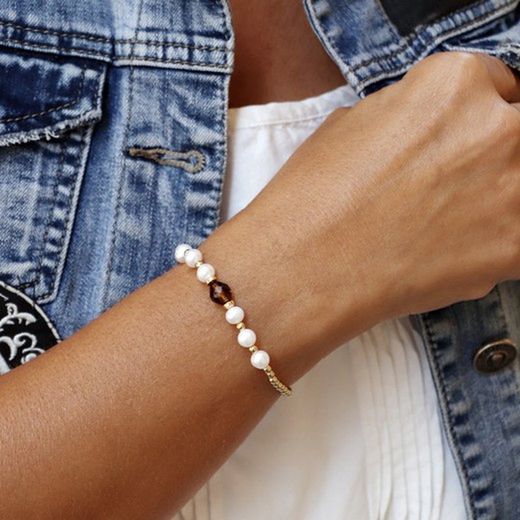 WB387X Pulsera Plata de Palo Almeda de perlas para mujer pieza de cristal facetado brown