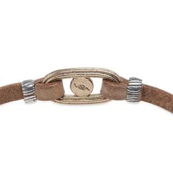 WB409X Pulsera Plata de Palo mujer de cuero plano color camel de 5 mm, eslabón de bronce con cabujón central de color calcedonia