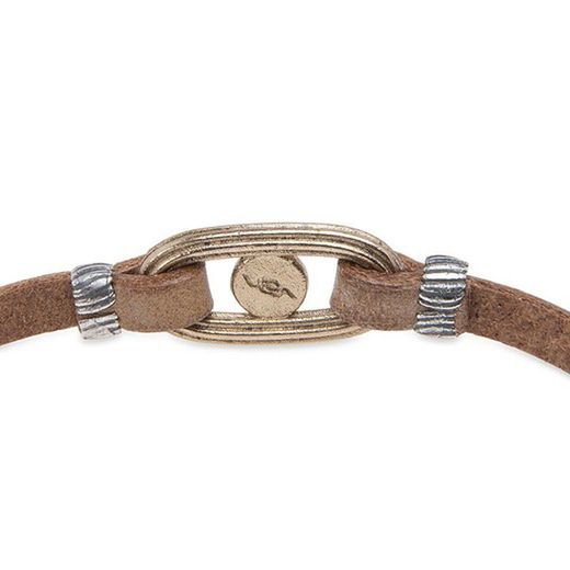 WB409X Pulsera Plata de Palo mujer de cuero plano color camel de 5 mm, eslabón de bronce con cabujón central de color calcedonia