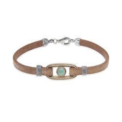 WB409X Pulsera Plata de Palo mujer de cuero plano color camel de 5 mm, eslabón de bronce con cabujón central de color calcedonia