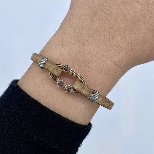 WB410X Pulsera Plata de Palo mujer de cuero plano color camel de 5 mm con eslabón de bronce y circonitas brown