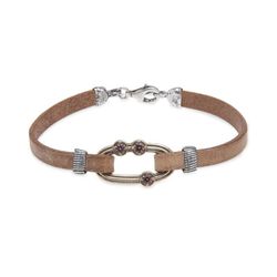 WB410X Pulsera Plata de Palo mujer de cuero plano color camel de 5 mm con eslabón de bronce y circonitas brown