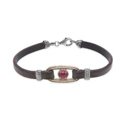 WB411X Pulsera PLATA DE PALO mujer cuero plano marrón oscuro de 5 milímetros con eslabón de bronce y cabujón central de color rubí