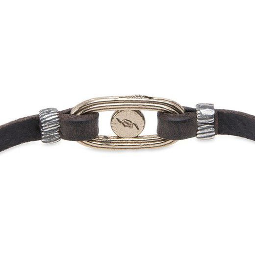 WB411X Pulsera PLATA DE PALO mujer cuero plano marrón oscuro de 5 milímetros con eslabón de bronce y cabujón central de color rubí
