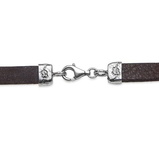 WB412X Pulsera Plata de Palo mujer doble de cuero plano marrón oscuro de 7 milímetros con eslabón de bronce con 2 circonitas blancas y cabujón color calcedonia