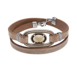 WB413X Pulsera Plata de Palo mujer con doble de cuero plano camel oscuro de 7 milímetros con eslabón de bronce con cabujón de cuarzo fumé facetado