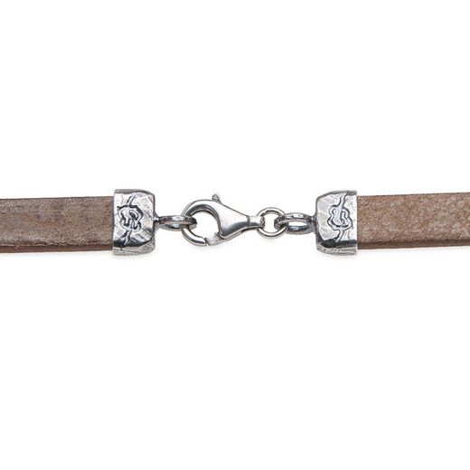 WB413X Pulsera Plata de Palo mujer con doble de cuero plano camel oscuro de 7 milímetros con eslabón de bronce con cabujón de cuarzo fumé facetado