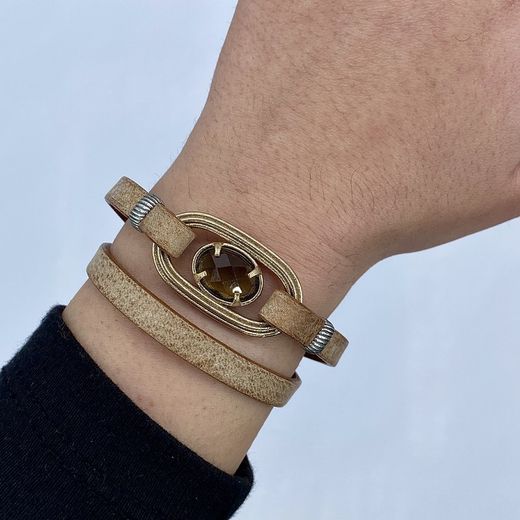 WB413X Pulsera Plata de Palo mujer con doble de cuero plano camel oscuro de 7 milímetros con eslabón de bronce con cabujón de cuarzo fumé facetado