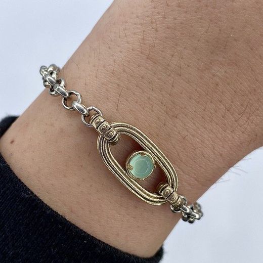 WB418X Pulsera Plata de Palo de mujer elegante y moderna, eslabón en bronce resaltado por un cabujón de calcedonia