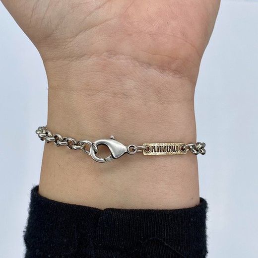 WB419X Pulsera PLATA DE PALO mujer eslabón en bronce con cabujón color rosa, piezas de bronce, chapa de bronce identificativa de la marca y cierre de mosquetón
