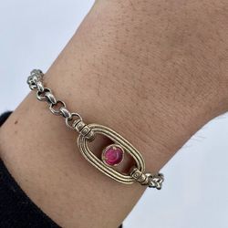 WB419X Pulsera PLATA DE PALO mujer eslabón en bronce con cabujón color rosa, piezas de bronce, chapa de bronce identificativa de la marca y cierre de mosquetón