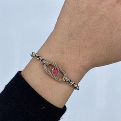 WB419X Pulsera PLATA DE PALO mujer eslabón en bronce con cabujón color rosa, piezas de bronce, chapa de bronce identificativa de la marca y cierre de mosquetón