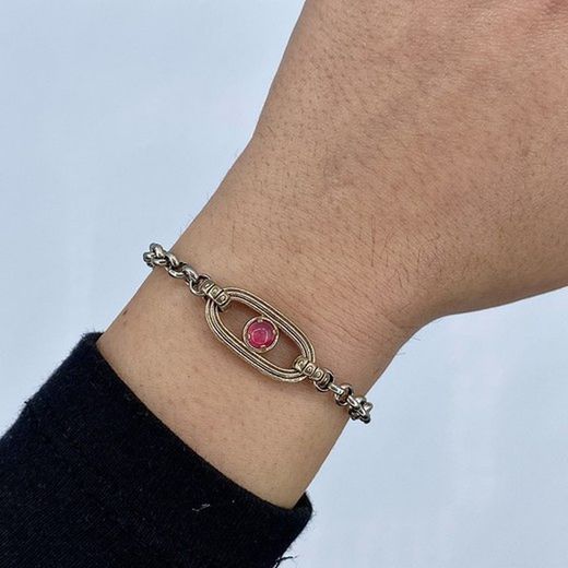 WB419X Pulsera PLATA DE PALO mujer eslabón en bronce con cabujón color rosa, piezas de bronce, chapa de bronce identificativa de la marca y cierre de mosquetón