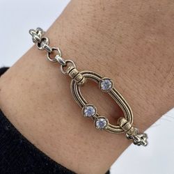 WB422X Pulsera PLATA DE PALO mujer eslabón en bronce con 3 circonitas blancas, piezas de bronce, chapa de bronce identificativa de la marca y cierre de mosquetón