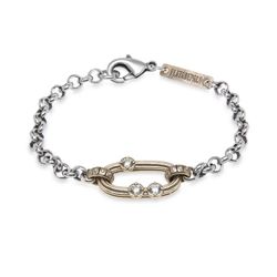 WB422X Pulsera PLATA DE PALO mujer eslabón en bronce con 3 circonitas blancas, piezas de bronce, chapa de bronce identificativa de la marca y cierre de mosquetón