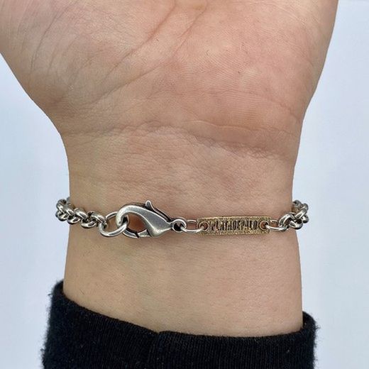 WB422X Pulsera PLATA DE PALO mujer eslabón en bronce con 3 circonitas blancas, piezas de bronce, chapa de bronce identificativa de la marca y cierre de mosquetón
