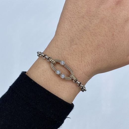 WB422X Pulsera PLATA DE PALO mujer eslabón en bronce con 3 circonitas blancas, piezas de bronce, chapa de bronce identificativa de la marca y cierre de mosquetón