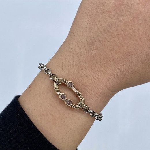 WB423X Pulsera Plata de Palo mujer eslabón en bronce con 3 circonitas brown, piezas de bronce, chapa de bronce identificativa de la marca