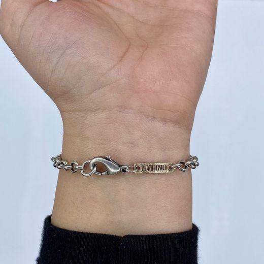 WB423X Pulsera Plata de Palo mujer eslabón en bronce con 3 circonitas brown, piezas de bronce, chapa de bronce identificativa de la marca