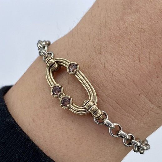WB423X Pulsera Plata de Palo mujer eslabón en bronce con 3 circonitas brown, piezas de bronce, chapa de bronce identificativa de la marca