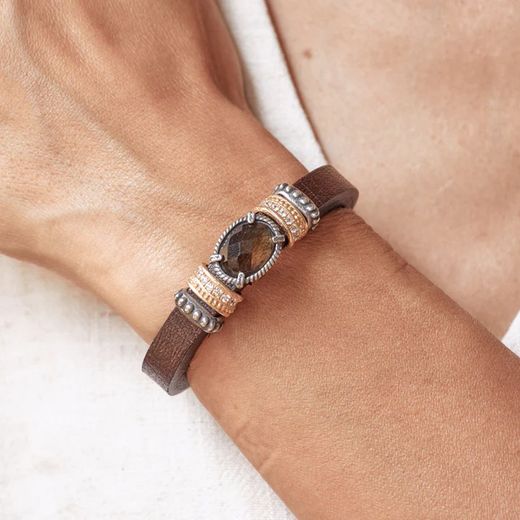 WB448X Pulsera Plata de Palo para mujer de cuero con cuarzo fumé oscuro elegante
