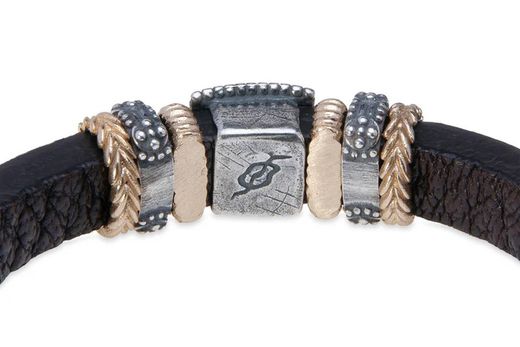 WB450X Pulsera Plata de Palo mujer de cuero con piezas en plata de ley, bronce y circonitas colección Cali