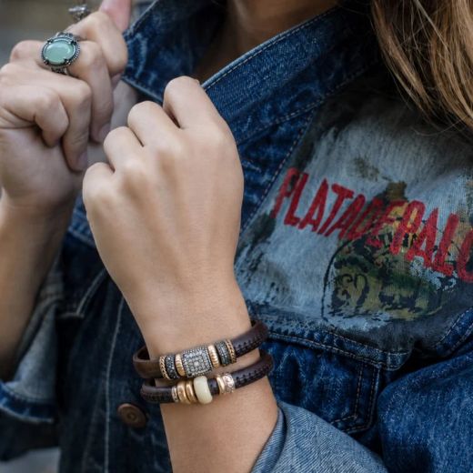 WB450X Pulsera Plata de Palo mujer de cuero con piezas en plata de ley, bronce y circonitas colección Cali