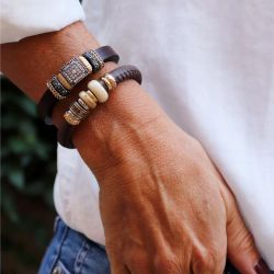 WB450X Pulsera Plata de Palo mujer de cuero con piezas en plata de ley, bronce y circonitas colección Cali