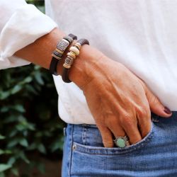 WB450X Pulsera Plata de Palo mujer de cuero con piezas en plata de ley, bronce y circonitas colección Cali