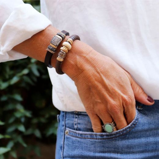 WB450X Pulsera Plata de Palo mujer de cuero con piezas en plata de ley, bronce y circonitas colección Cali