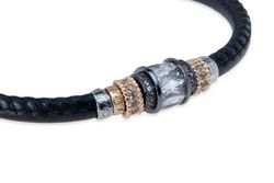 WB454X Pulsera Plata de Palo mujer de cuero negro y cierre mosquetón  con circonita blanca