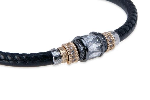 WB454X Pulsera Plata de Palo mujer de cuero negro y cierre mosquetón  con circonita blanca