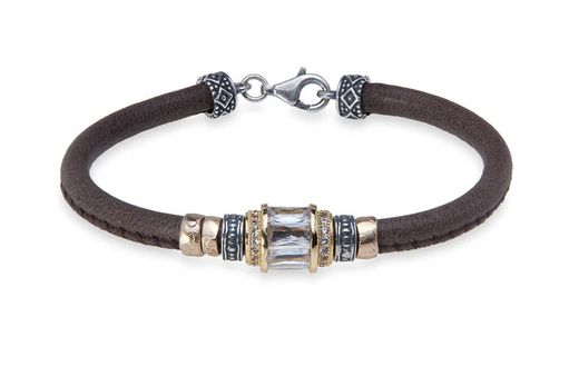 WB455X Pulsera PLATA DE PALO mujer de cuero con circonita blanca con elegantes piezas de plata