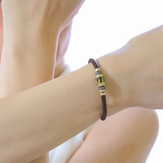 WB456X Pulsera Plata de Palo mujer de cuero marrón con circonitas detalles en plata y bronce