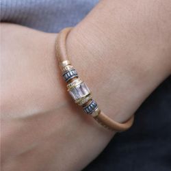 WB457X Pulsera Plata de Palo de mujer en cuero con circonita blanca y cierre de mosquetón