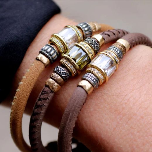 WB457X Pulsera Plata de Palo de mujer en cuero con circonita blanca y cierre de mosquetón