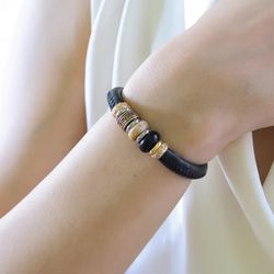 WB459X Pulsera Plata de Palo mujer de cuero con resinas marrón y negro diseño elegante y contemporáneo