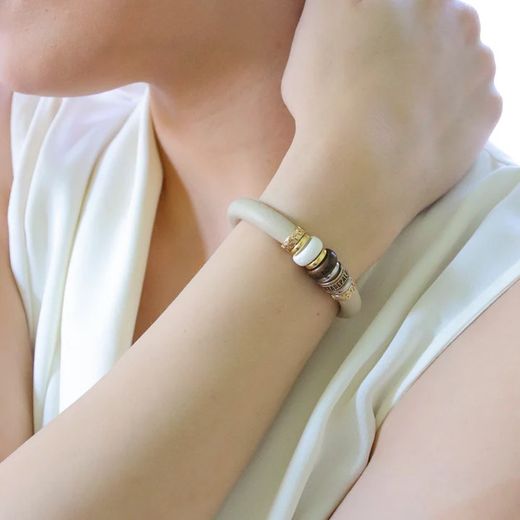 WB461X Pulsera Plata de Palo mujer de cuero con resinas marrón y blanca de tonos suaves y cálidos