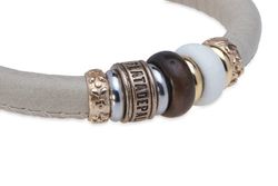 WB461X Pulsera Plata de Palo mujer de cuero con resinas marrón y blanca de tonos suaves y cálidos