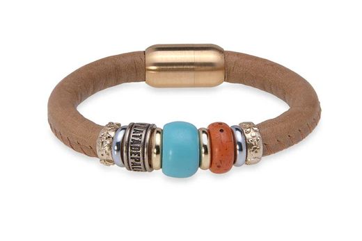WB462X Pulsera PLATA DE PALO mujer de cuero con resinas azul y naranja ideal para cualquier evento