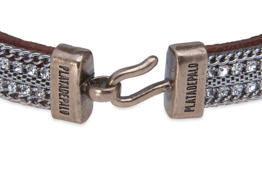 WB466X Pulsera Plata de Palo de cuero con pasamanería plateada colección Lira refinada y selecta