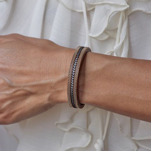 WB471X Pulsera Plata de Palo unisex de cuero con pasamanería negra y marrón cierre en bronce de gancho