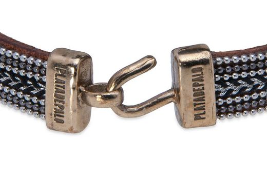 WB472X Pulsera PLATA DE PALO de cuero con pasamanería plateada y negra