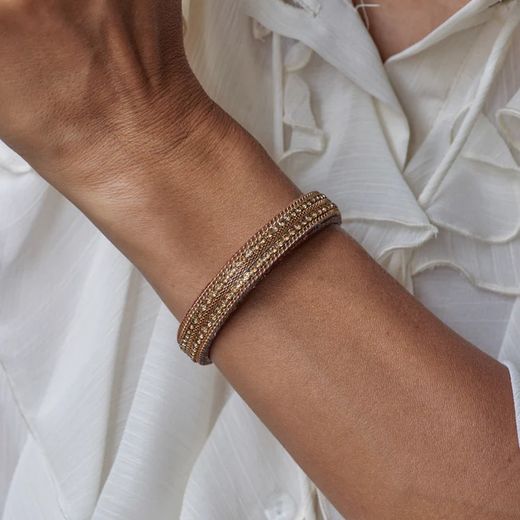 WB473X Pulsera PLATA DE PALO de cuero con pasamanería marrón colección Jasira