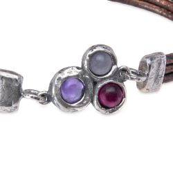 WB540X Pulsera Plata de Palo cuero de mujer Satori centro de plata 925 con rubí, rosa, y amatista