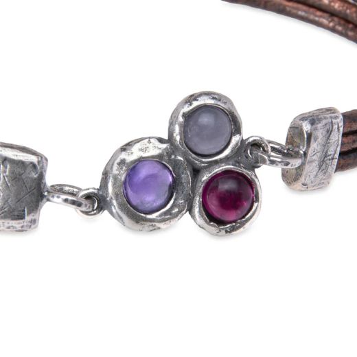 WB540X Pulsera Plata de Palo cuero de mujer Satori centro de plata 925 con rubí, rosa, y amatista