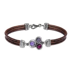 WB540X Pulsera Plata de Palo cuero de mujer Satori centro de plata 925 con rubí, rosa, y amatista